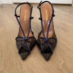 Andrea Wazen Black Patent Slingback Heels with Blue & Pink Crystal Trim